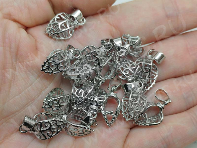 Держатель кулона 024 Листик ажурный 24*10*8,5мм цвет платины (LUX Китай) (Brass)