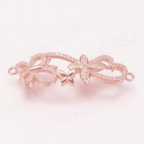 372 Коннектор Бабочки с инкрустацией 38*12*4мм розовое золото и прозрачный (Milano LUX) (Brass и фианит)