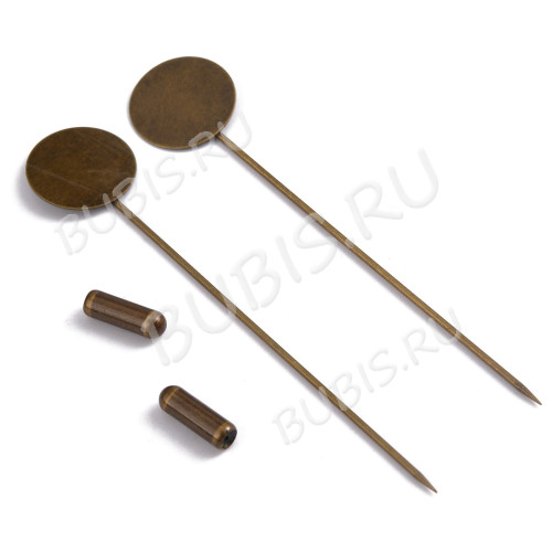 Основа (заготовка) для броши №135 Шляпная булавка с площадкой круг 15мм и заглушкой 77*15*1мм античная бронза (Brass)