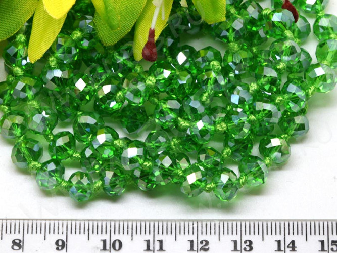 (ОПТ) Бусина Абакус гранёный 8*8*5,5мм зелёный с АВ прозрачный (имитация Сваровски) (НИТЬ)