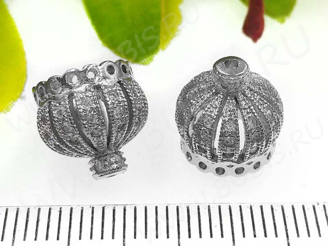 Концевик 071 Корона коннектор с кубическим цирконием 11,5*11*11мм цвет платины и прозрачный (Milano LUX) (Brass)