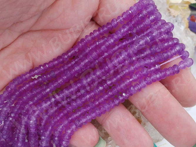 (ОПТ) Бусина каменная Рондель 45 ГРАНЁНЫЙ 4*4*2,5мм Кварц тонированный сиреневый (камни) (НИТЬ)