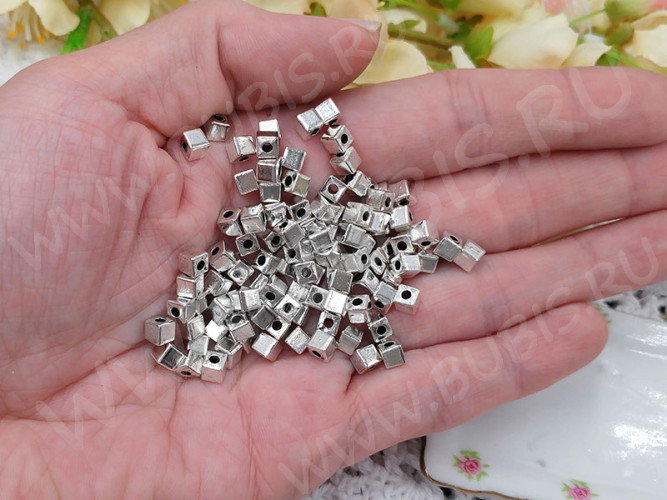Бусина 197 Кубик маленький 4*4*4мм античное серебро (литьё) (10шт.)