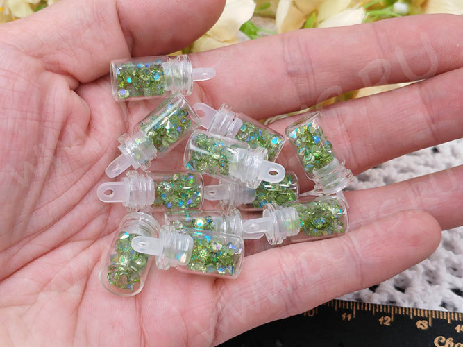 Наполнение для смолы и бутылочек 117 ювелирные стразы в бутылочке 3*3*2мм зелёные с АВ прозрачные (декор)