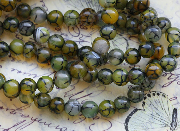 (ОПТ) Бусина округлая 8мм Агат "Вены Дракона" оливковый полупрозрачный (камни)(полуНИТЬ)