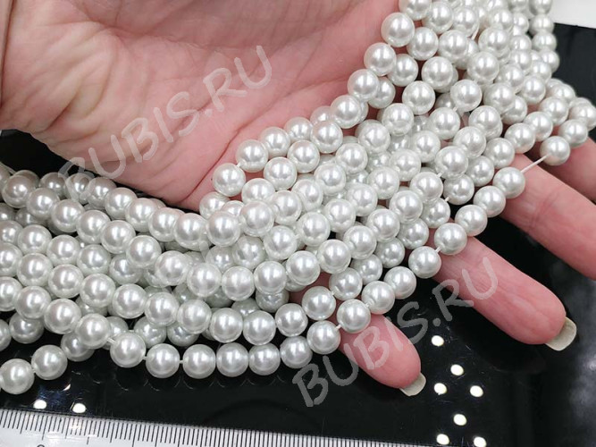 (ОПТ) Бусина "жемчуг" округлая МАЙОРКА 8мм №2 белая жемчужная (стекло) (НИТЬ)